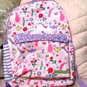 Unicorn backpack with Lavender & white Stripes & polka dots. Very good shape.